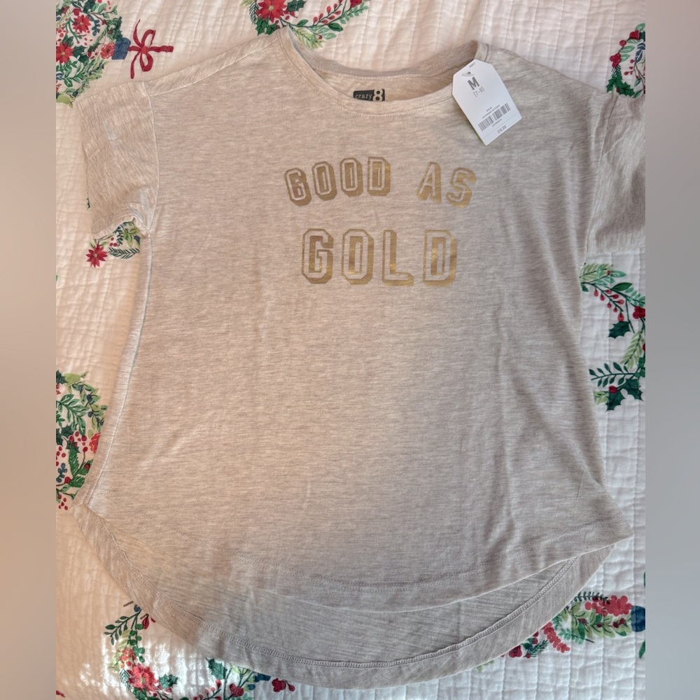 NEW Crazy8 shirt. Color gray with gold letters, size M ( 7-8 )
